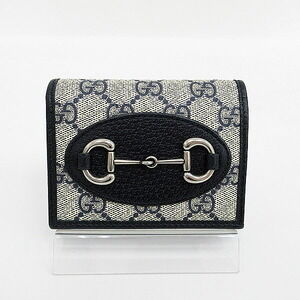 Gucci GG Supreme Horsebit Bifold Wallet Compact Navy Blue White Leather